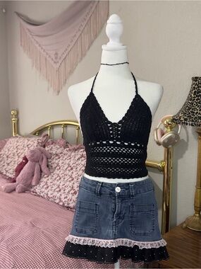 Vintage Black Crochet Halter Crop Top